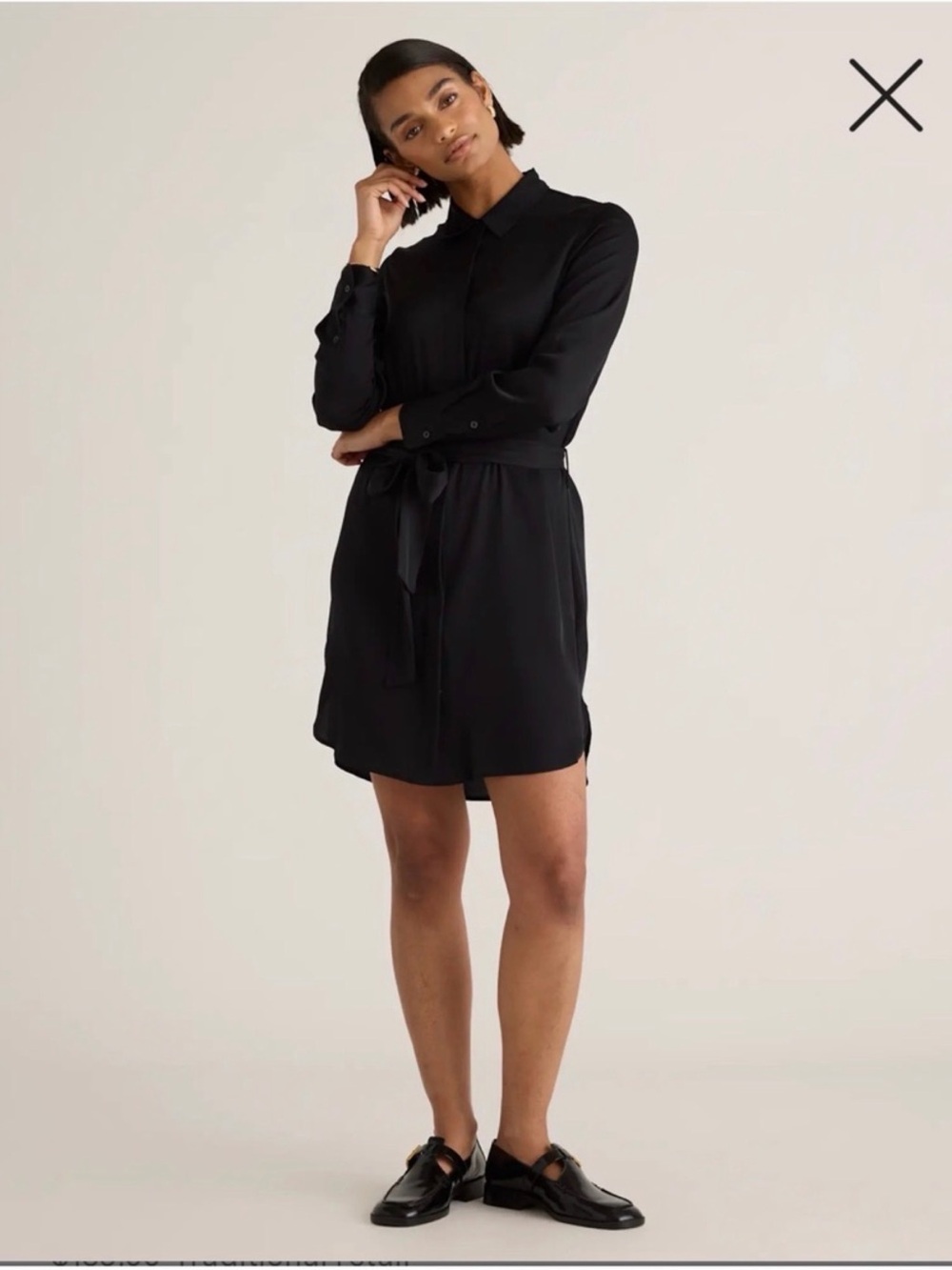 Quince Black Button-Front Washable Silk Mini Dress with Tie Waist
